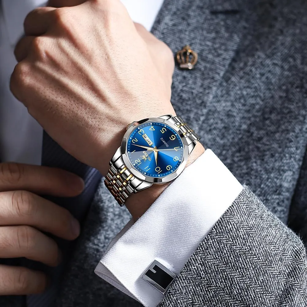 Men's Casual Stainless Steel Watch, Big Face Easy to Read Analog Quartz Watch with Day and Date, Classic Waterproof Diamond Roman Arabic Numerals Dial Dress Watch for Men, Gold Silver Black Band