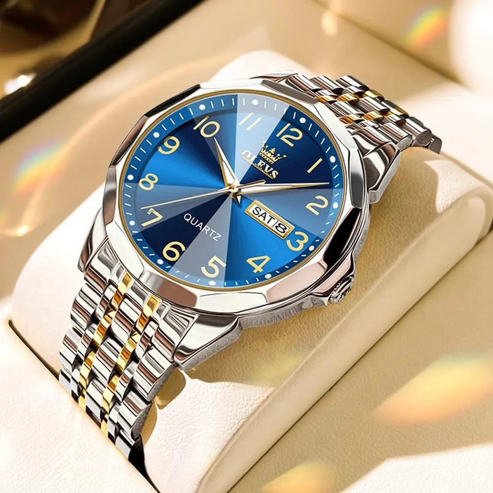 Men's Casual Stainless Steel Watch, Big Face Easy to Read Analog Quartz Watch with Day and Date, Classic Waterproof Diamond Roman Arabic Numerals Dial Dress Watch for Men, Gold Silver Black Band