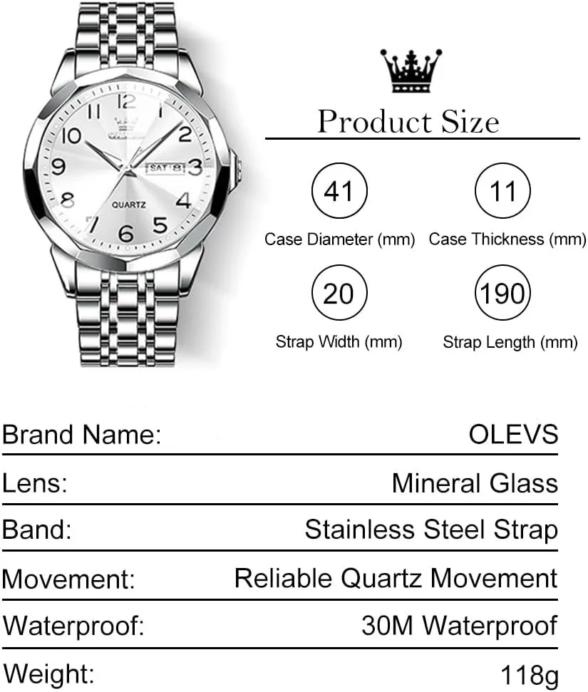 Men's Casual Stainless Steel Watch, Big Face Easy to Read Analog Quartz Watch with Day and Date, Classic Waterproof Diamond Roman Arabic Numerals Dial Dress Watch for Men, Gold Silver Black Band
