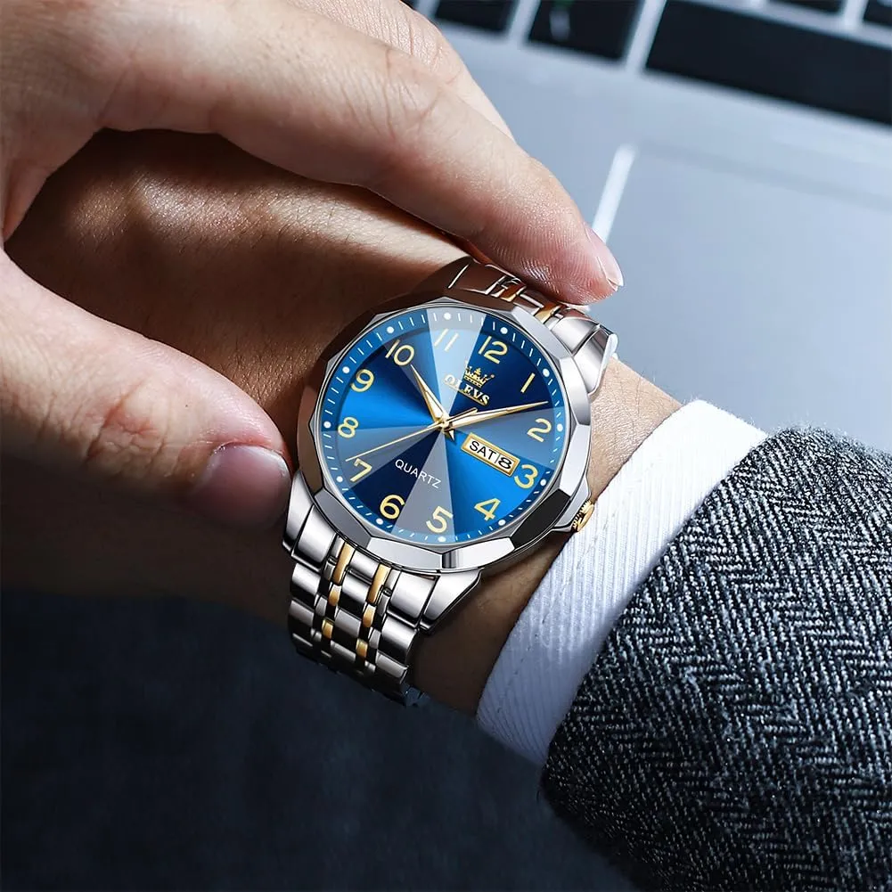 Men's Casual Stainless Steel Watch, Big Face Easy to Read Analog Quartz Watch with Day and Date, Classic Waterproof Diamond Roman Arabic Numerals Dial Dress Watch for Men, Gold Silver Black Band