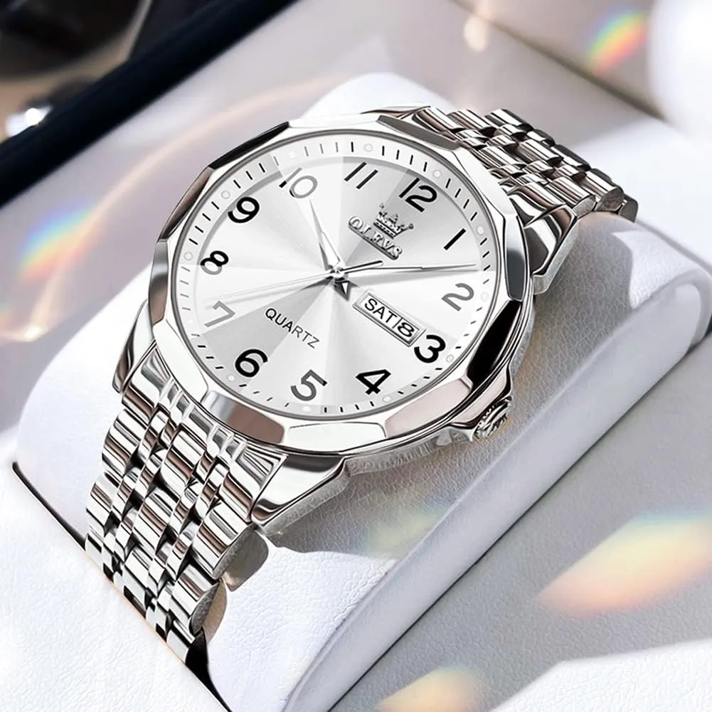 Men's Casual Stainless Steel Watch, Big Face Easy to Read Analog Quartz Watch with Day and Date, Classic Waterproof Diamond Roman Arabic Numerals Dial Dress Watch for Men, Gold Silver Black Band