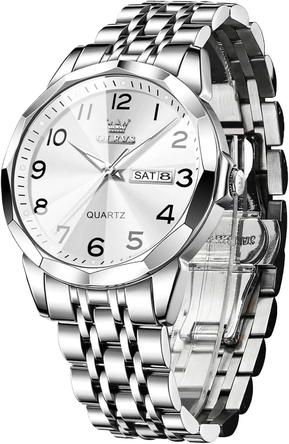 Men's Casual Stainless Steel Watch, Big Face Easy to Read Analog Quartz Watch with Day and Date, Classic Waterproof Diamond Roman Arabic Numerals Dial Dress Watch for Men, Gold Silver Black Band