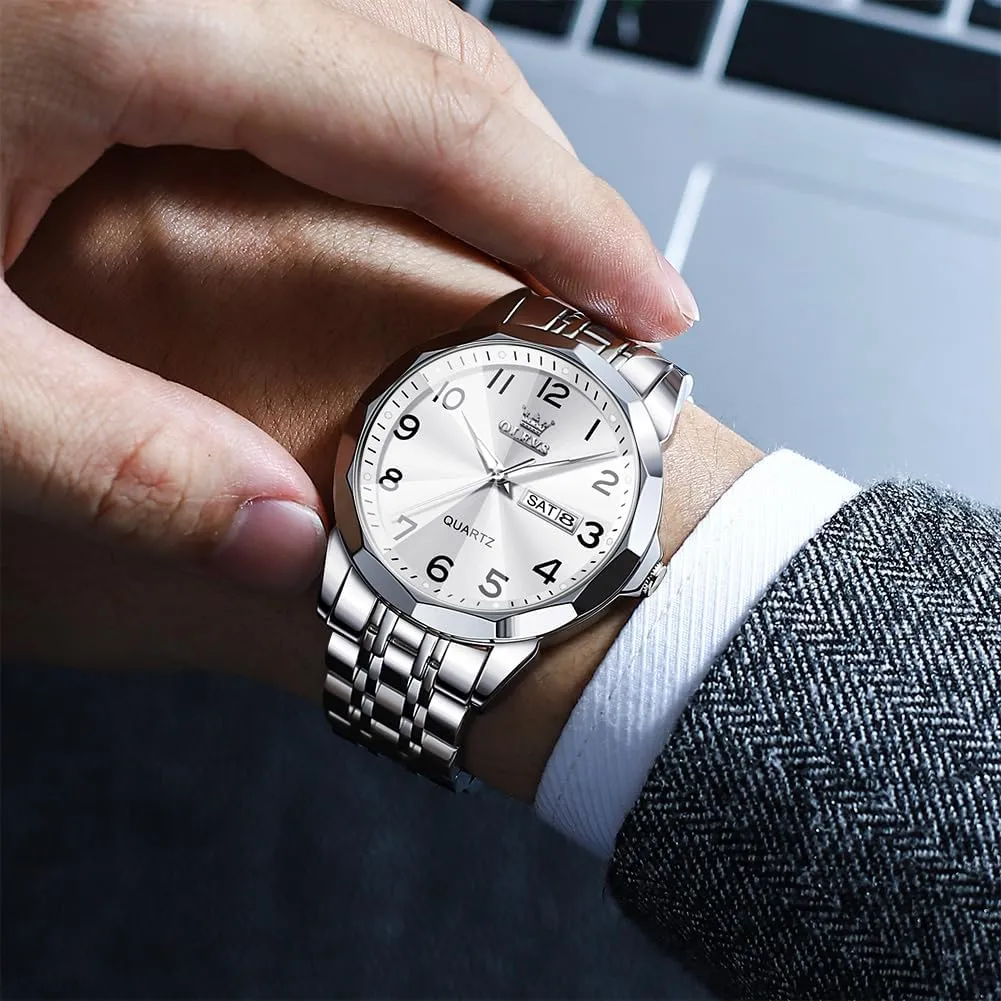 Men's Casual Stainless Steel Watch, Big Face Easy to Read Analog Quartz Watch with Day and Date, Classic Waterproof Diamond Roman Arabic Numerals Dial Dress Watch for Men, Gold Silver Black Band