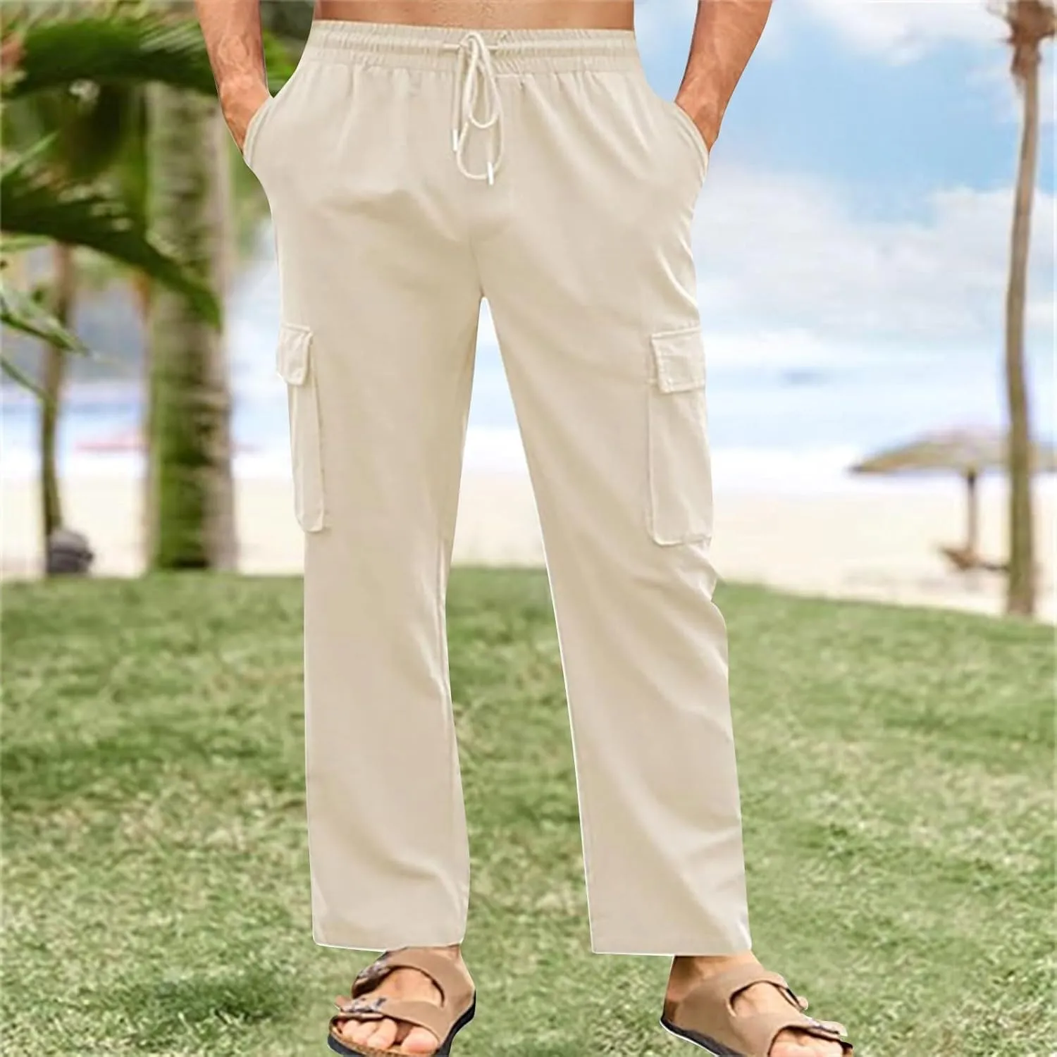 Men's Cotton Linen Cargo Pants Breathable Elastic Waist Drawstring Casual Loose Summer Beach Pants 2025