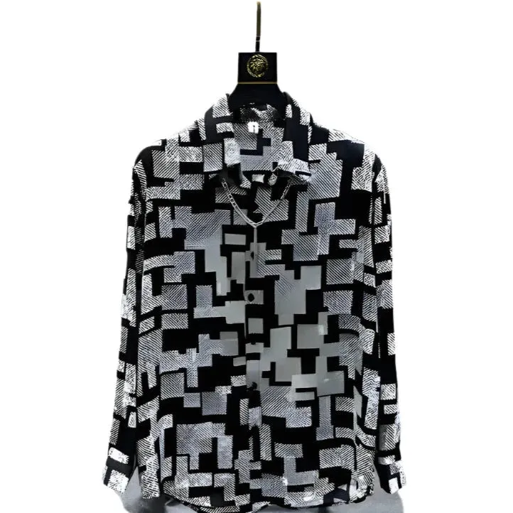 Men's Long Sleeve Luxury Shirt - Trendy Printed Pattern, High Quality, Casual Elegant Social Wear