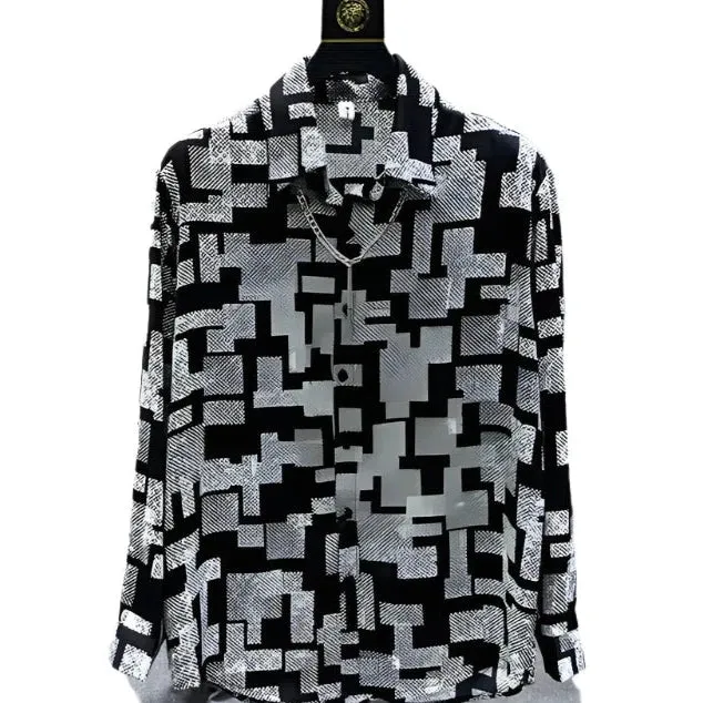 Men's Long Sleeve Luxury Shirt - Trendy Printed Pattern, High Quality, Casual Elegant Social Wear