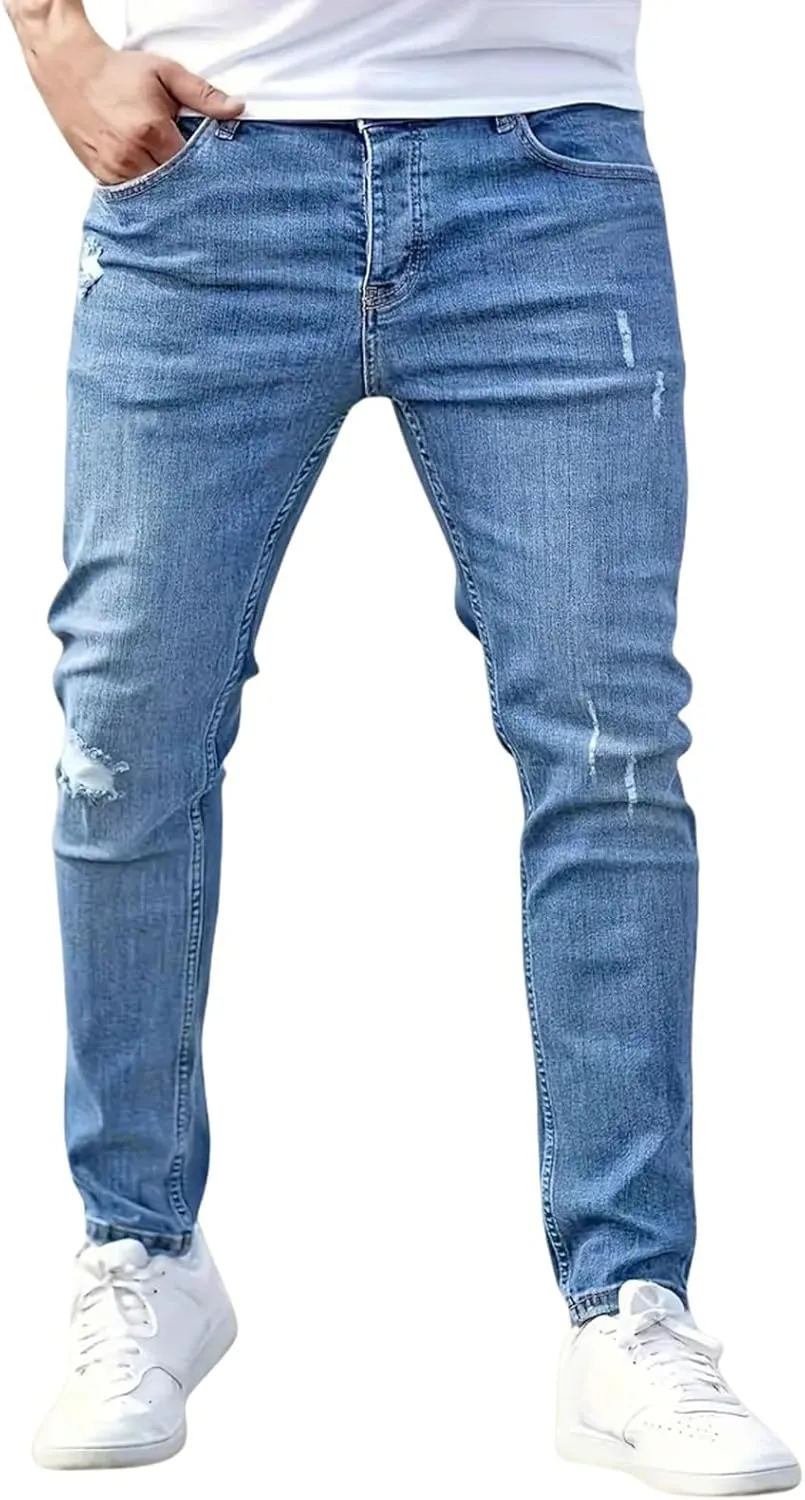 Men's Ripped Pants Skinny Jeans Stretchy Slim Fit Jeans Pants for Men Casual Loose Summer Trousers