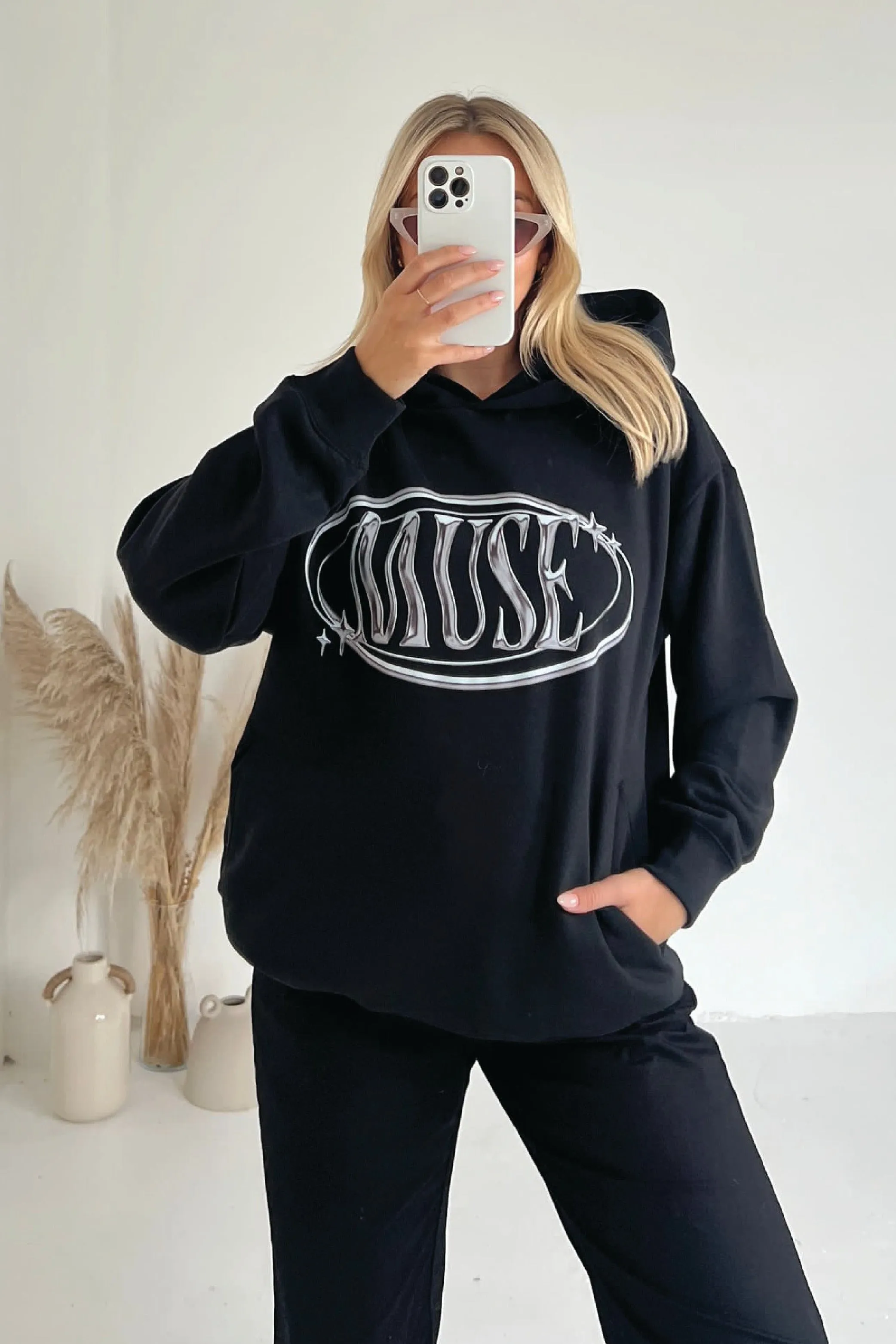 Muse black printed  relaxed hoodie