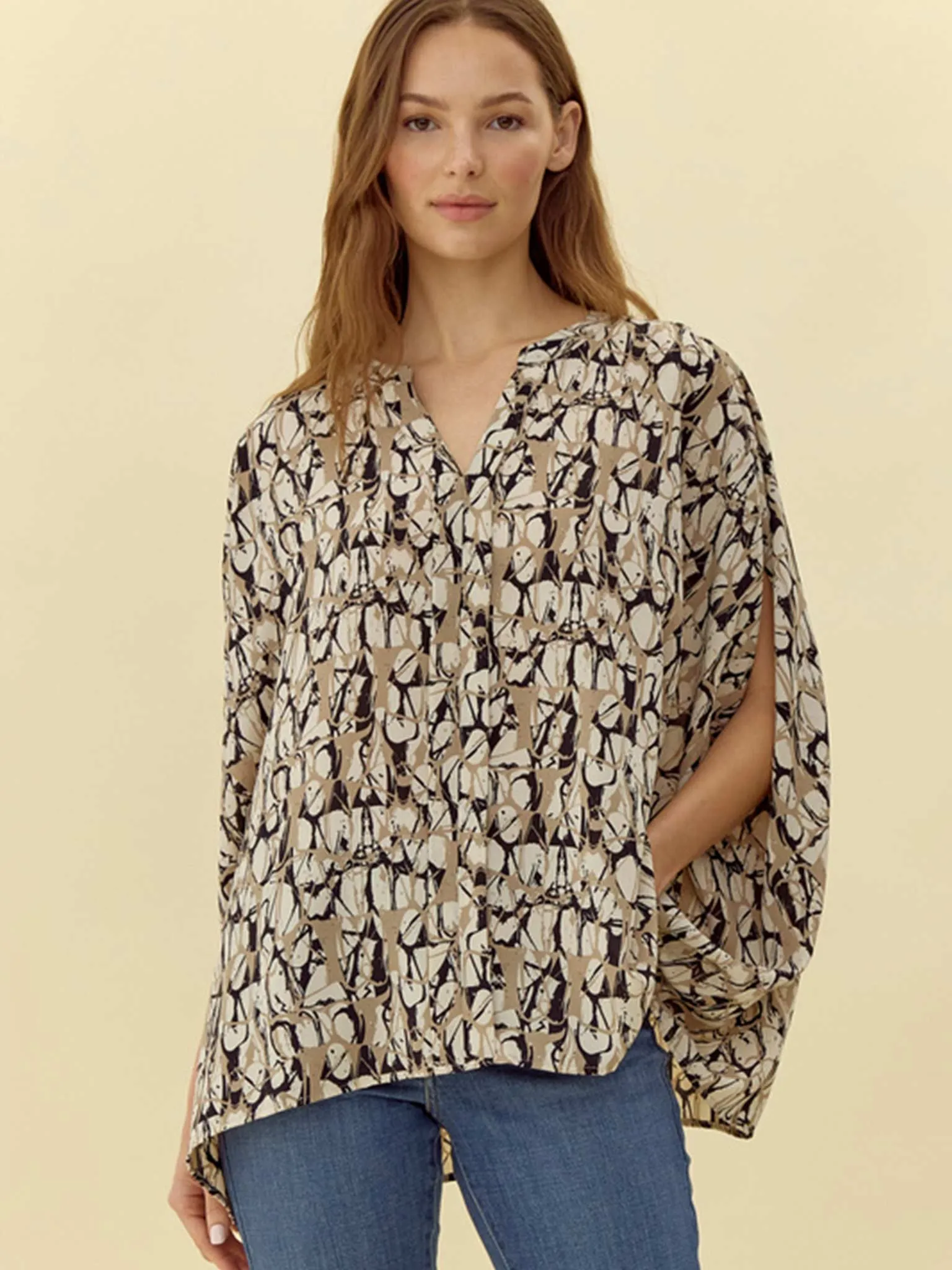 Print Taupe Tap with Kimono Sleeves