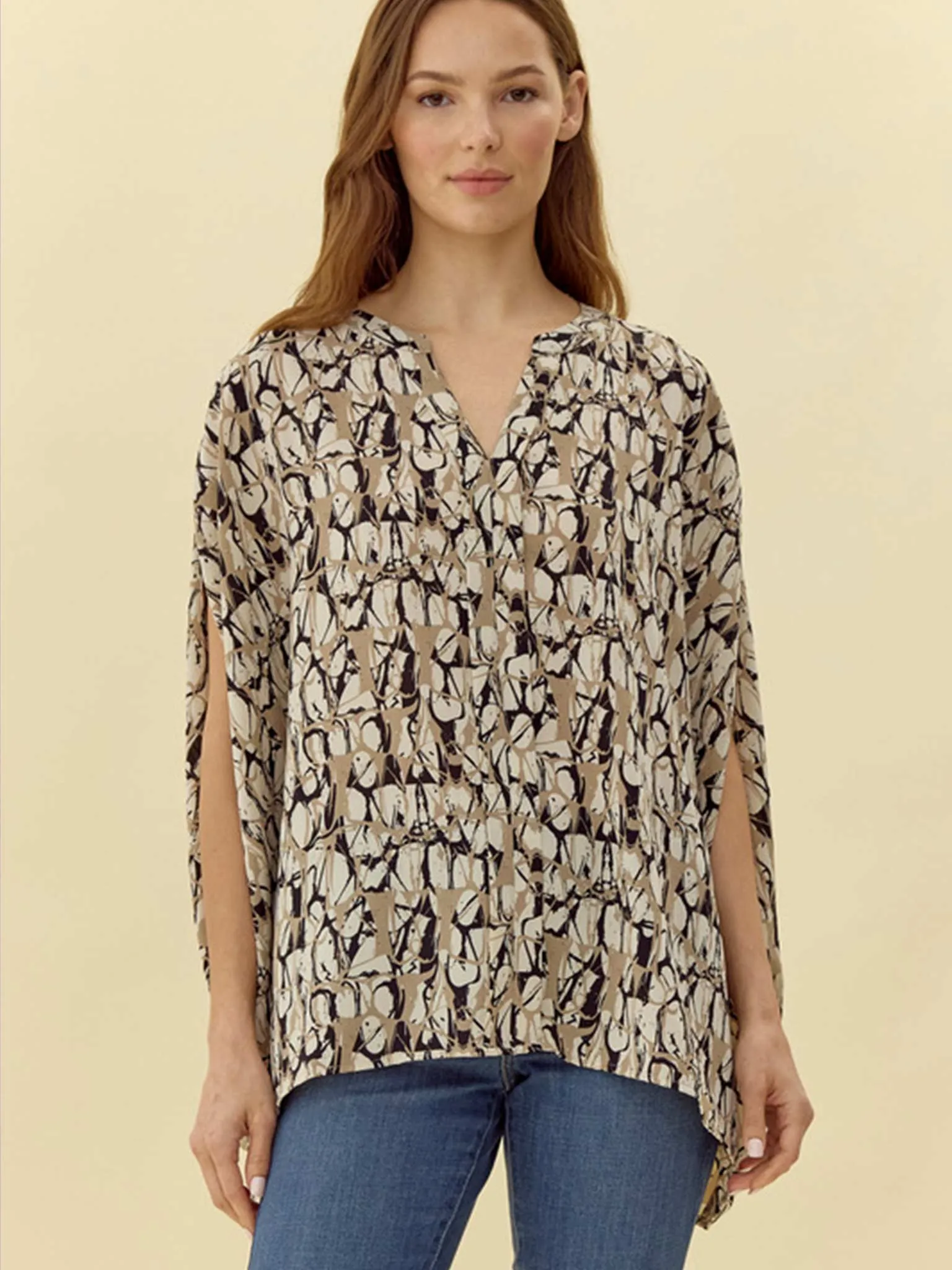 Print Taupe Tap with Kimono Sleeves