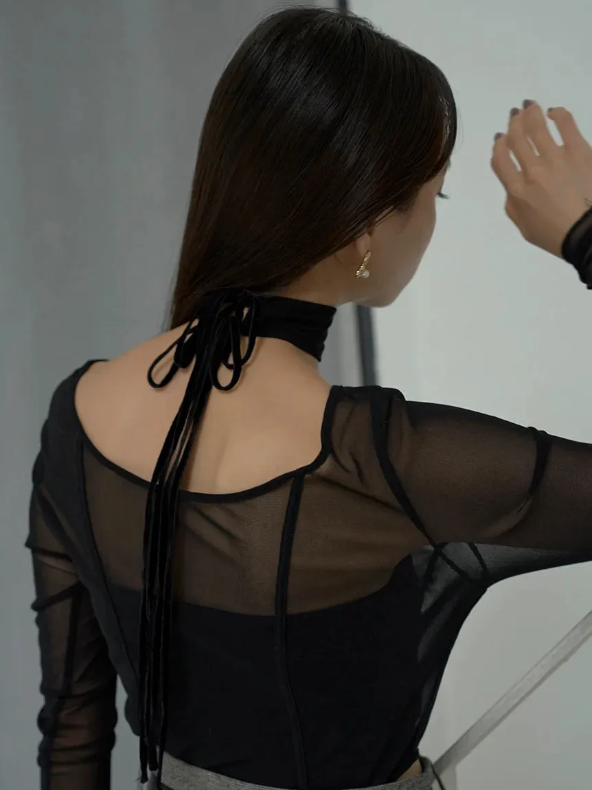 Sheer Long Sleeve Choker Corset Top