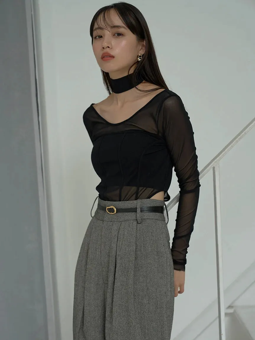 Sheer Long Sleeve Choker Corset Top