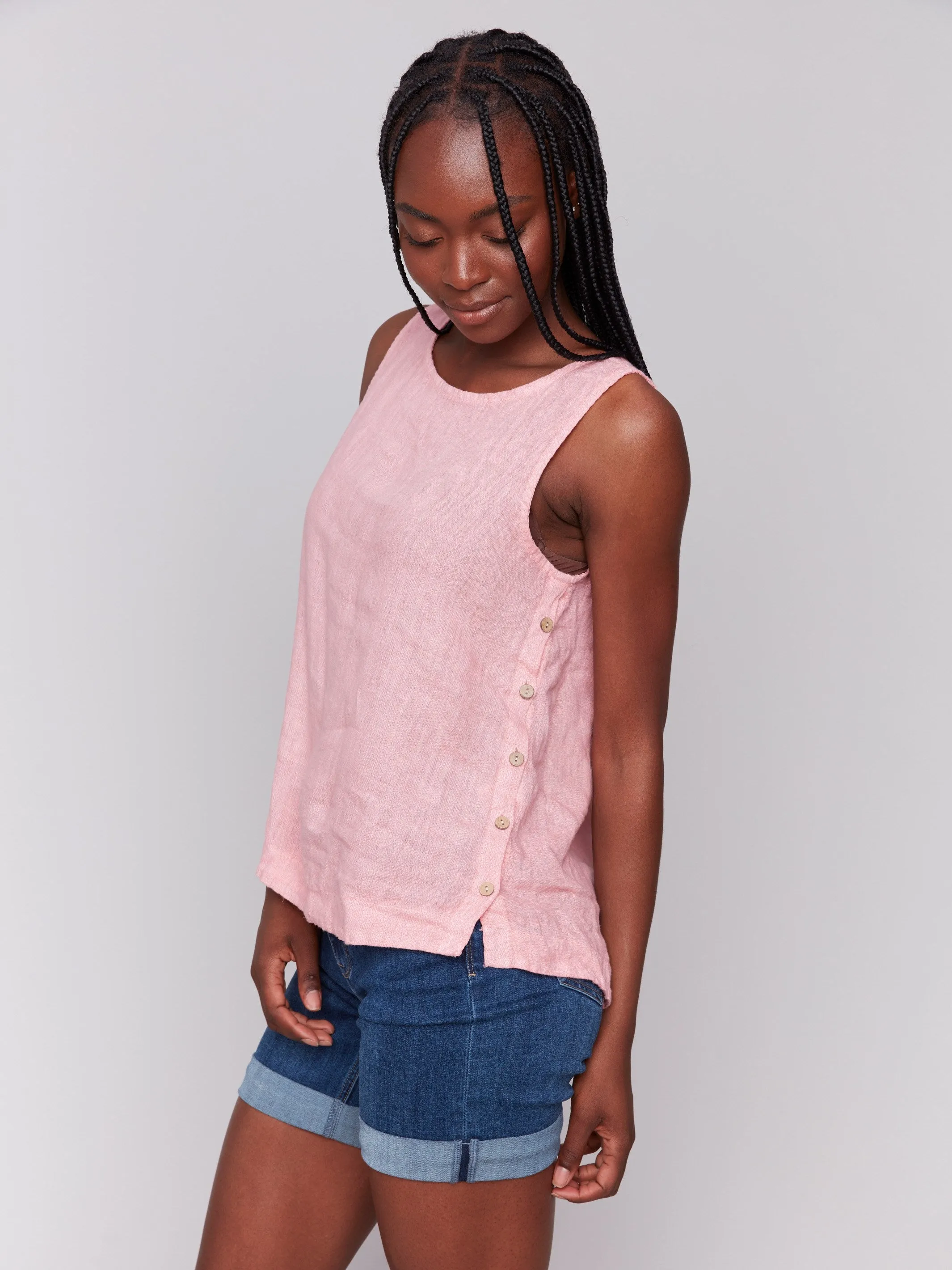 Sleeveless Linen Top with Side Buttons - Guava