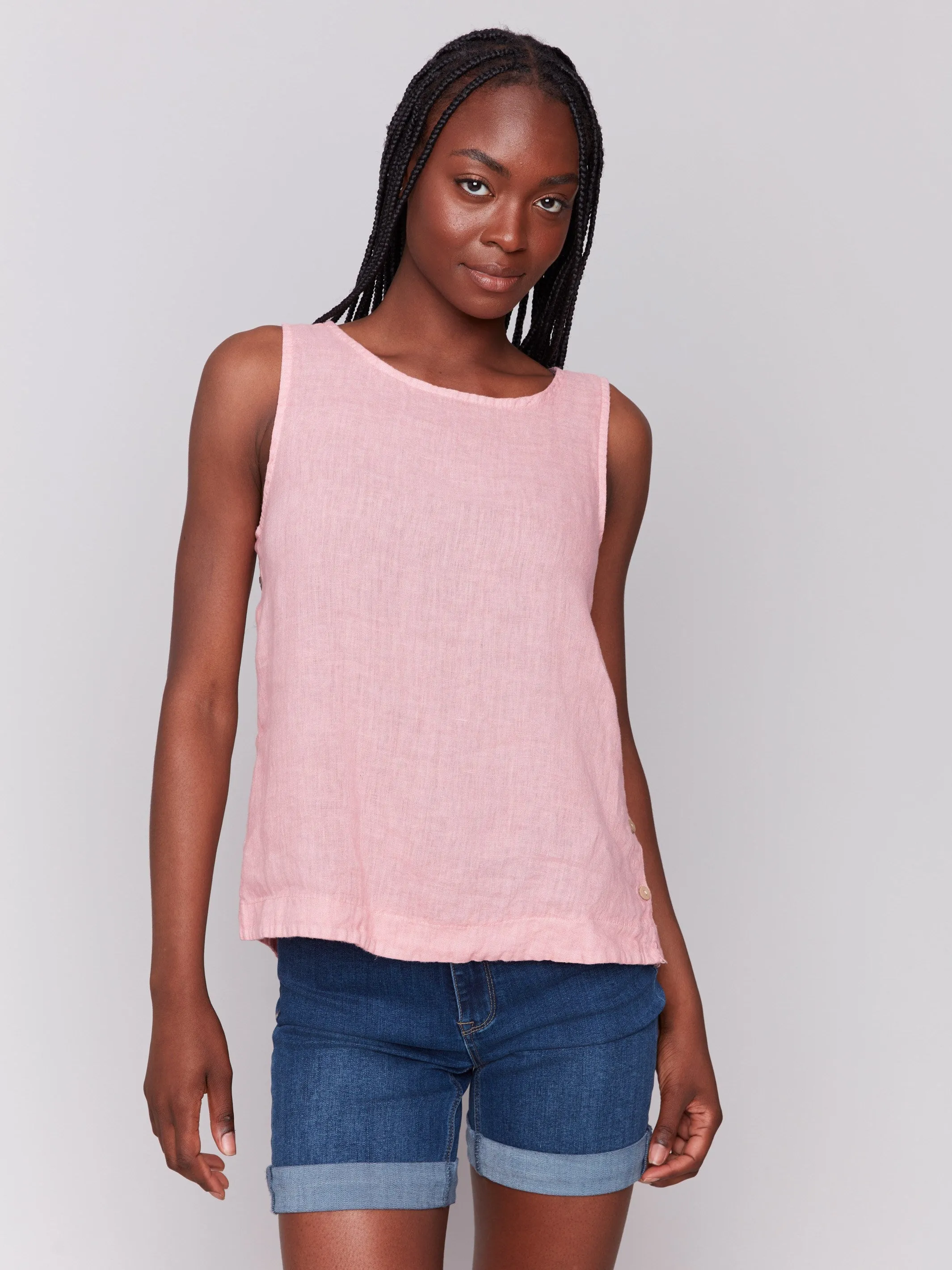Sleeveless Linen Top with Side Buttons - Guava