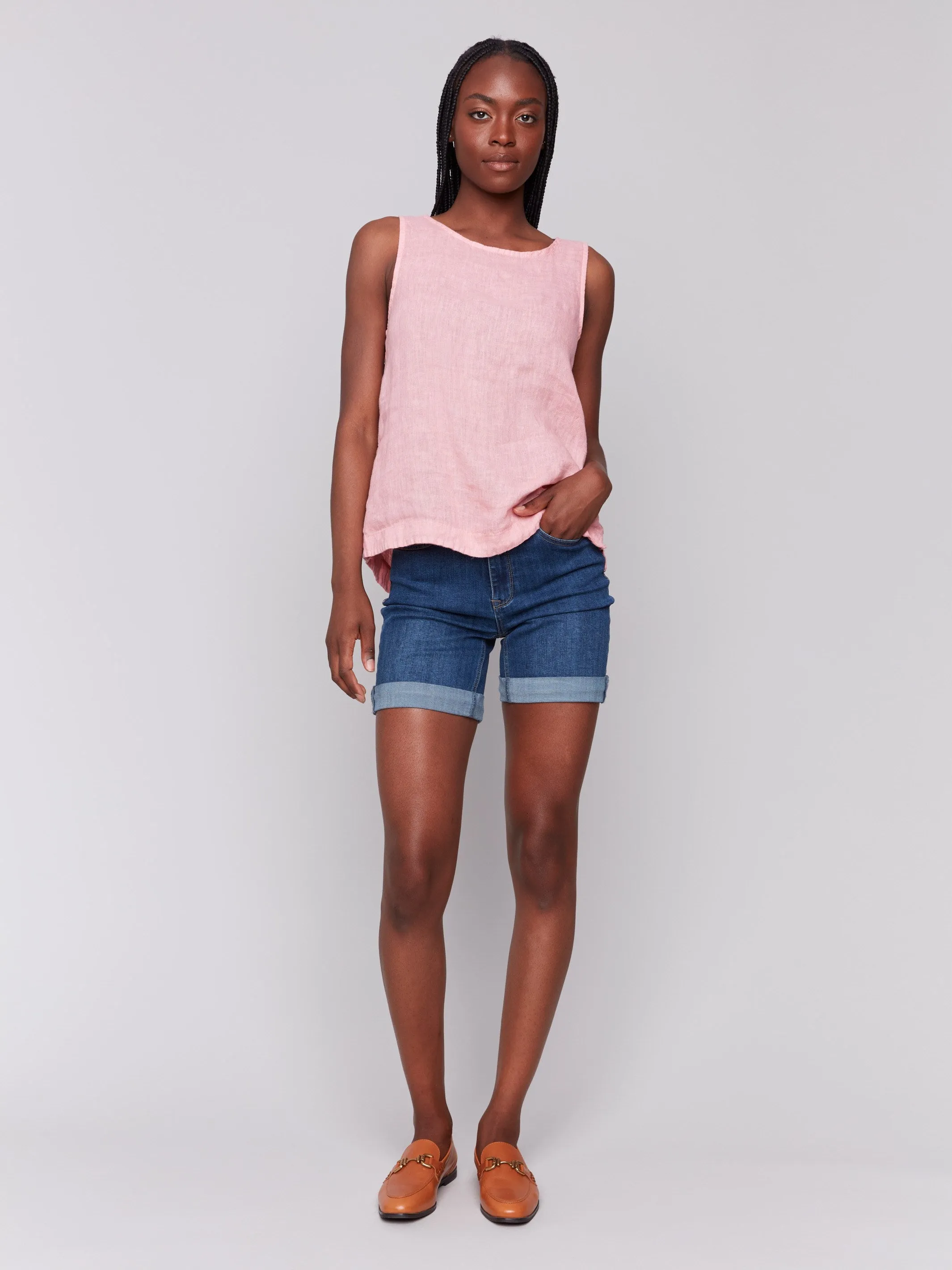 Sleeveless Linen Top with Side Buttons - Guava