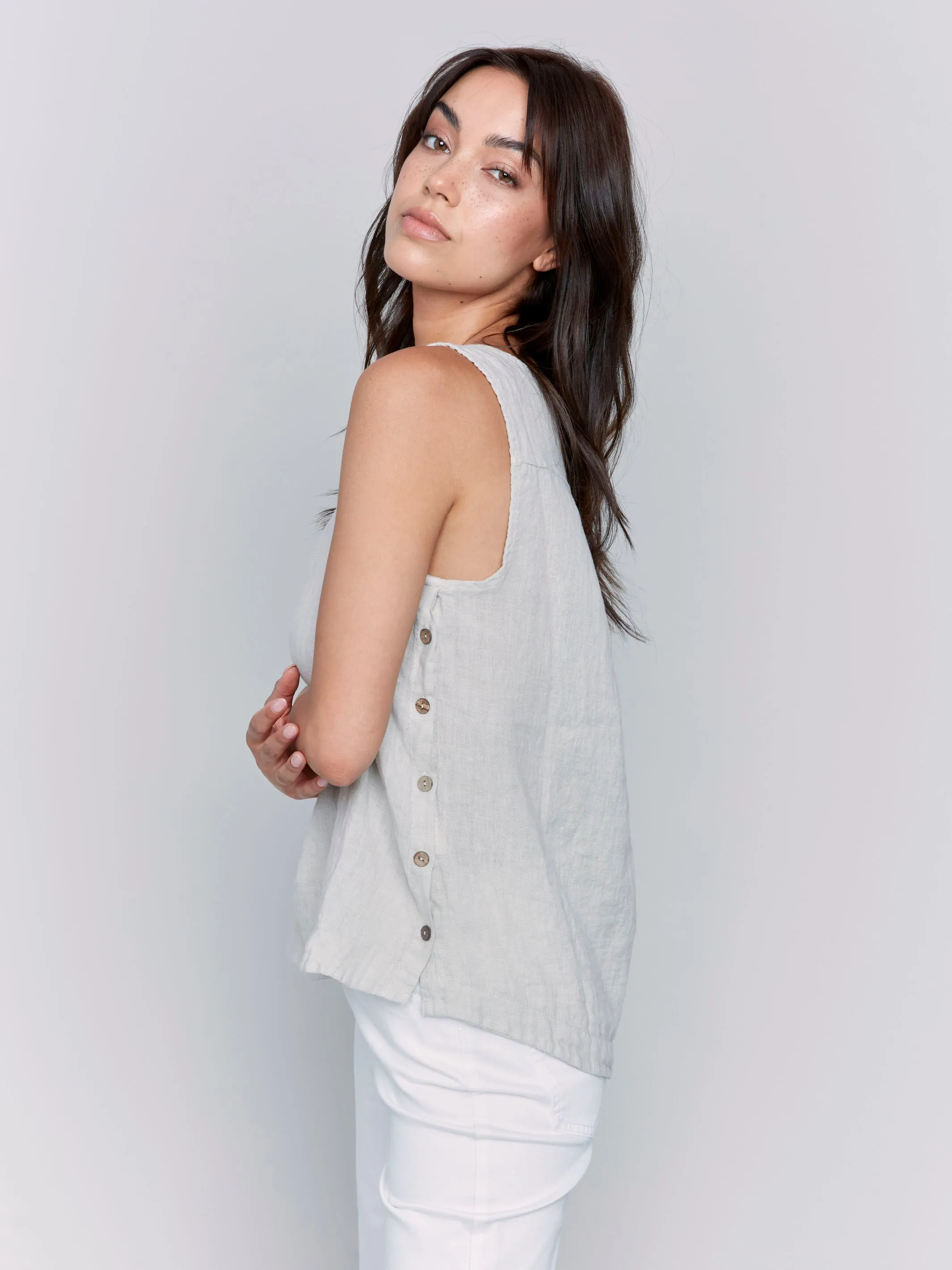 Sleeveless Linen Top with Side Buttons - Natural