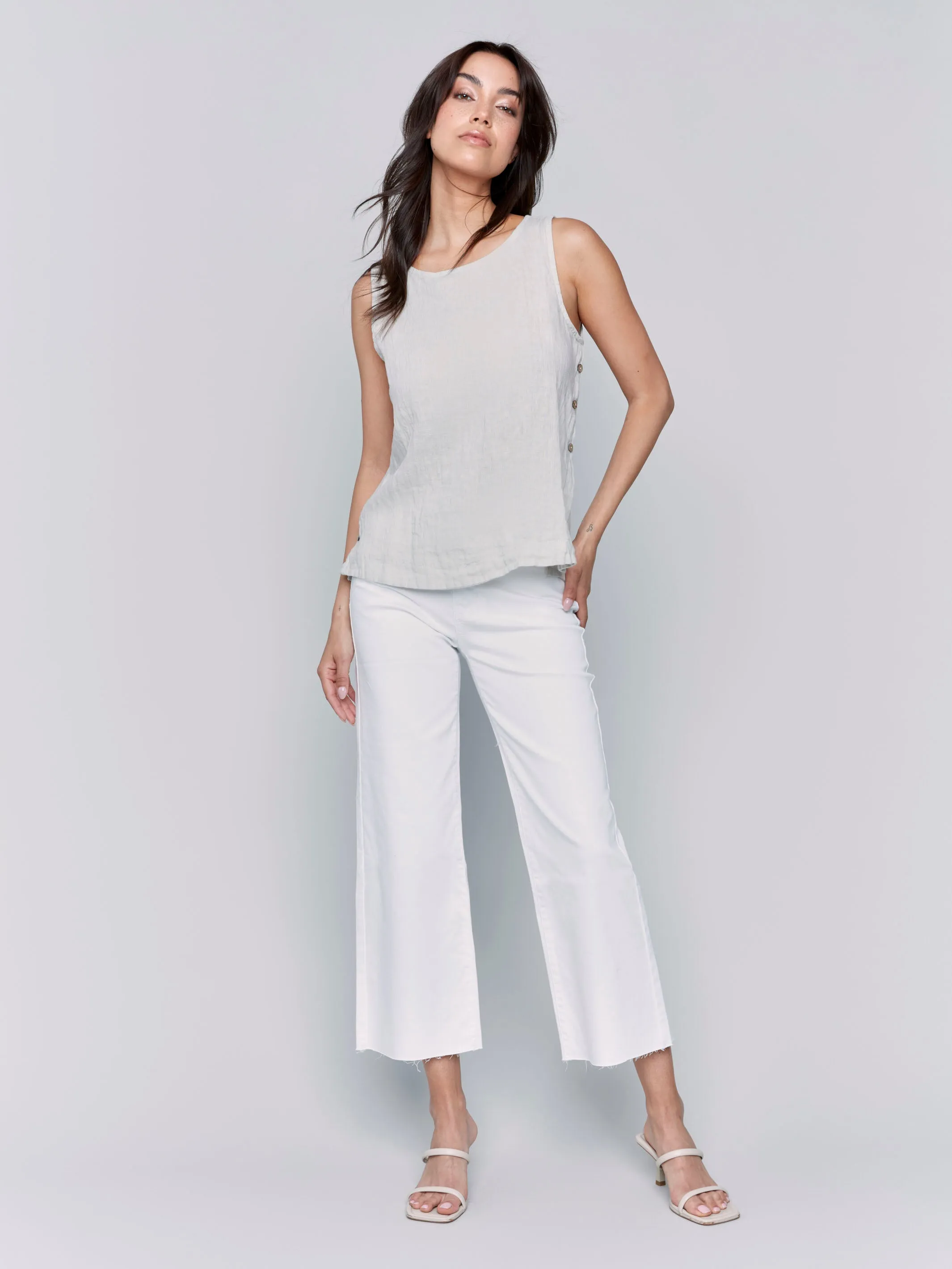 Sleeveless Linen Top with Side Buttons - Natural