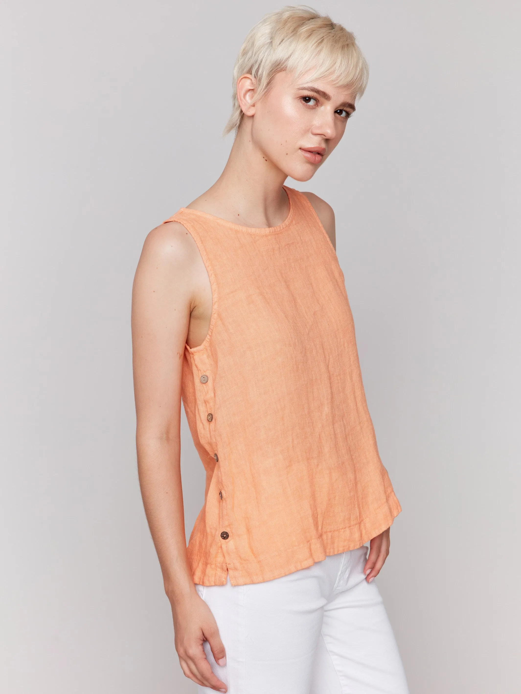 Sleeveless Linen Top with Side Buttons - Papaya
