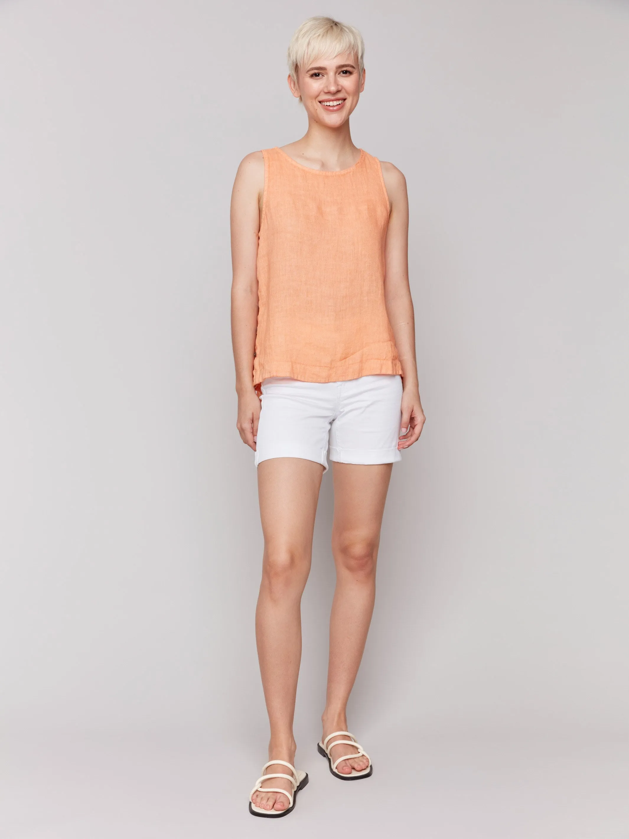 Sleeveless Linen Top with Side Buttons - Papaya