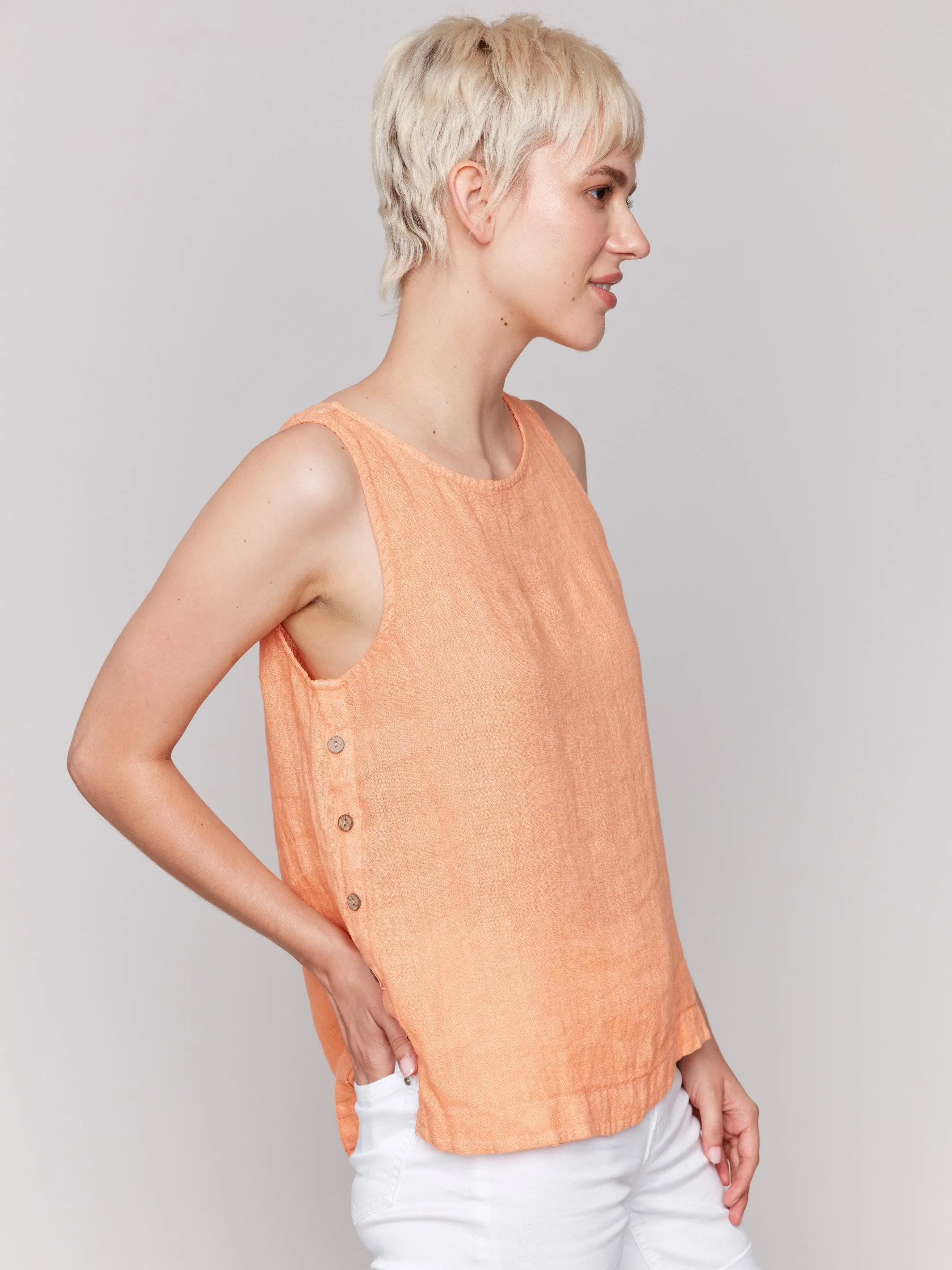Sleeveless Linen Top with Side Buttons - Papaya