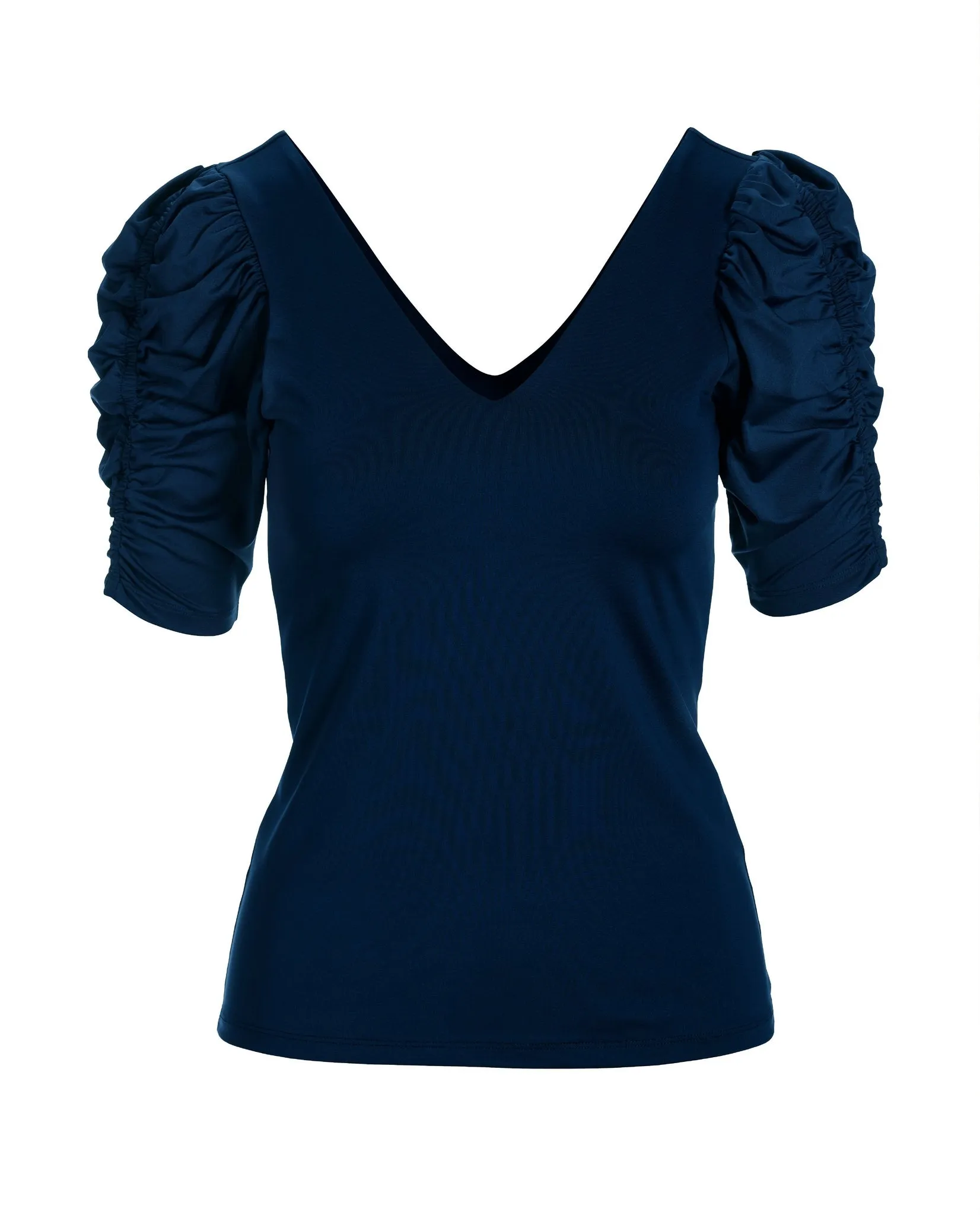 So Modern Ruched Sleeve V Neck Top Navy