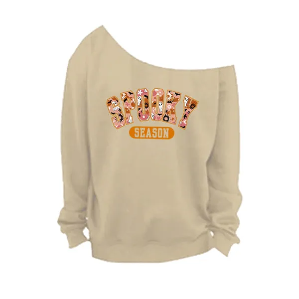Spooky Season Off The Shoulder Halloween Sweatshirt - With Raw Edge Neckline - Sizes S - 5XL