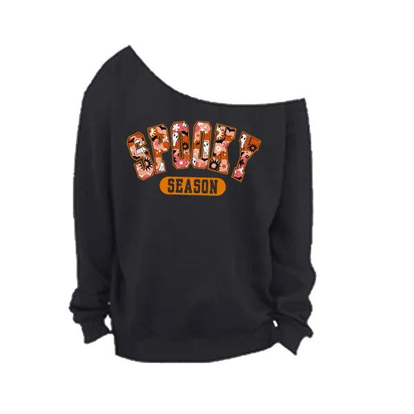 Spooky Season Off The Shoulder Halloween Sweatshirt - With Raw Edge Neckline - Sizes S - 5XL