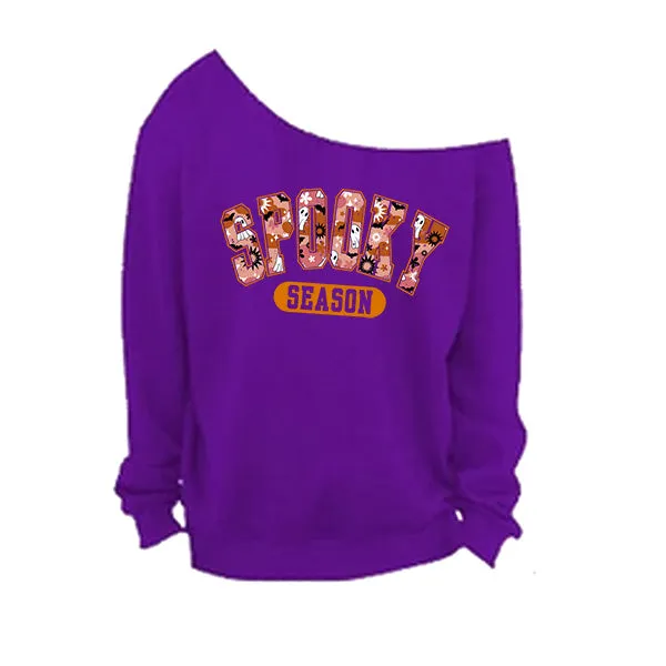 Spooky Season Off The Shoulder Halloween Sweatshirt - With Raw Edge Neckline - Sizes S - 5XL