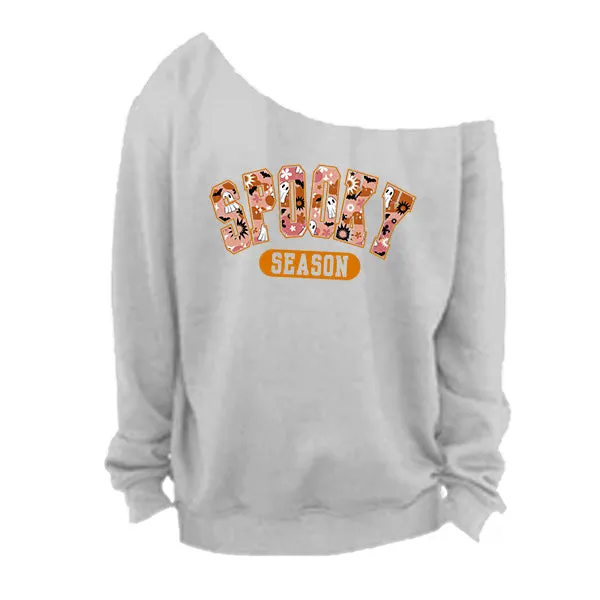 Spooky Season Off The Shoulder Halloween Sweatshirt - With Raw Edge Neckline - Sizes S - 5XL