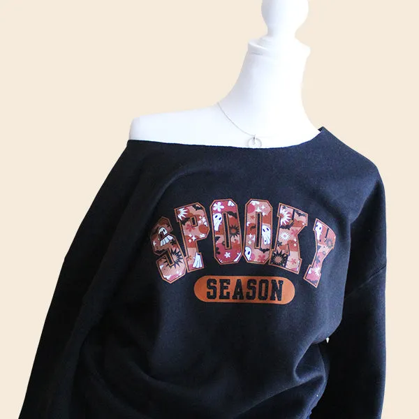 Spooky Season Off The Shoulder Halloween Sweatshirt - With Raw Edge Neckline - Sizes S - 5XL