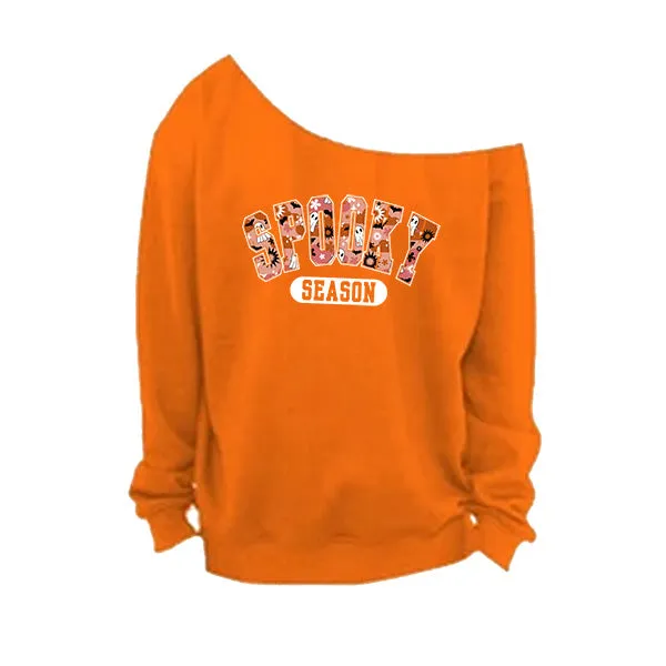 Spooky Season Off The Shoulder Halloween Sweatshirt - With Raw Edge Neckline - Sizes S - 5XL