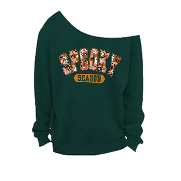 Spooky Season Off The Shoulder Halloween Sweatshirt - With Raw Edge Neckline - Sizes S - 5XL