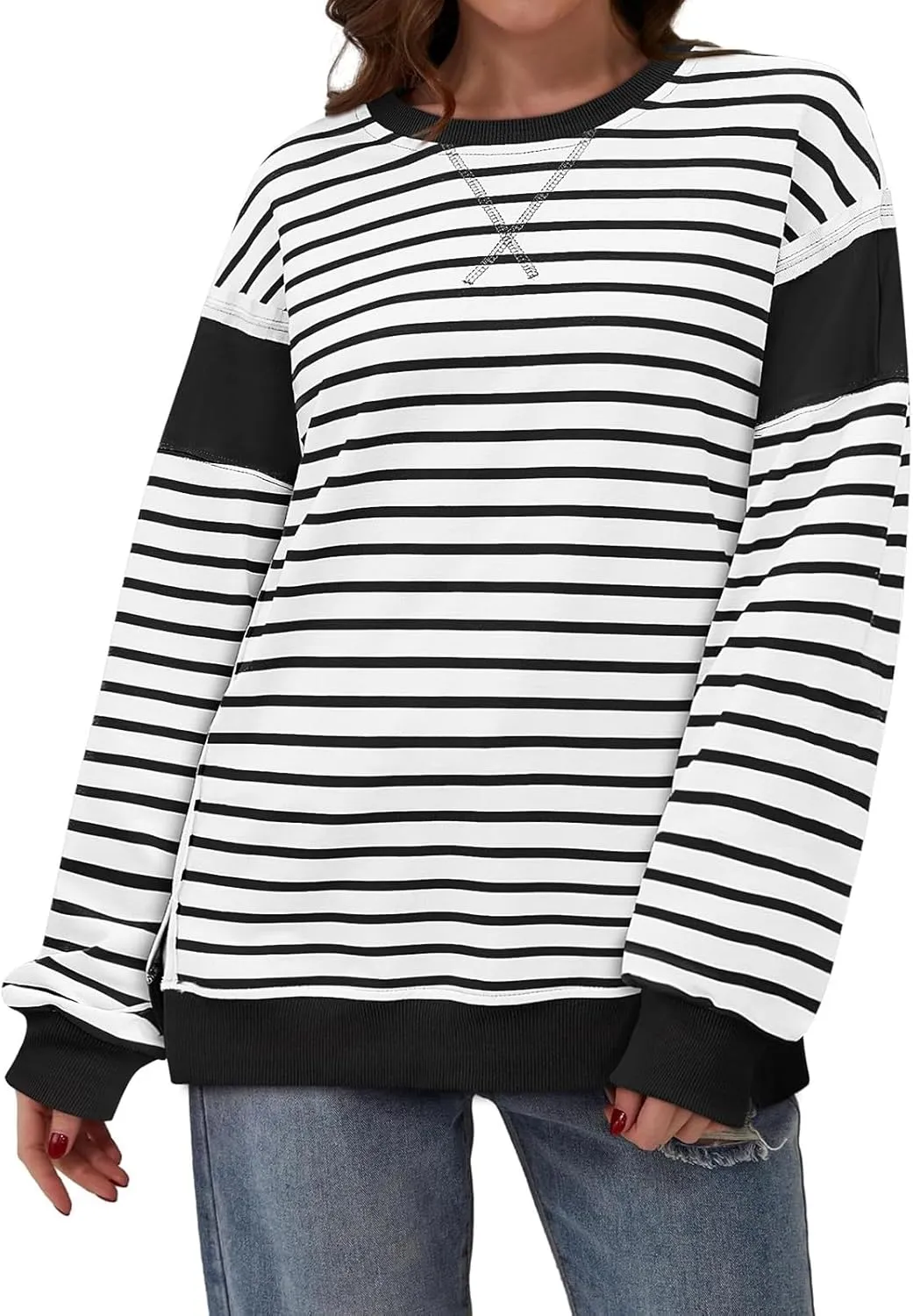 Striped Crew Neck Sweatshirts Women Cute Preppy Teen Girls Sweatshirts Comfy Y2k Fall Outfits Tops