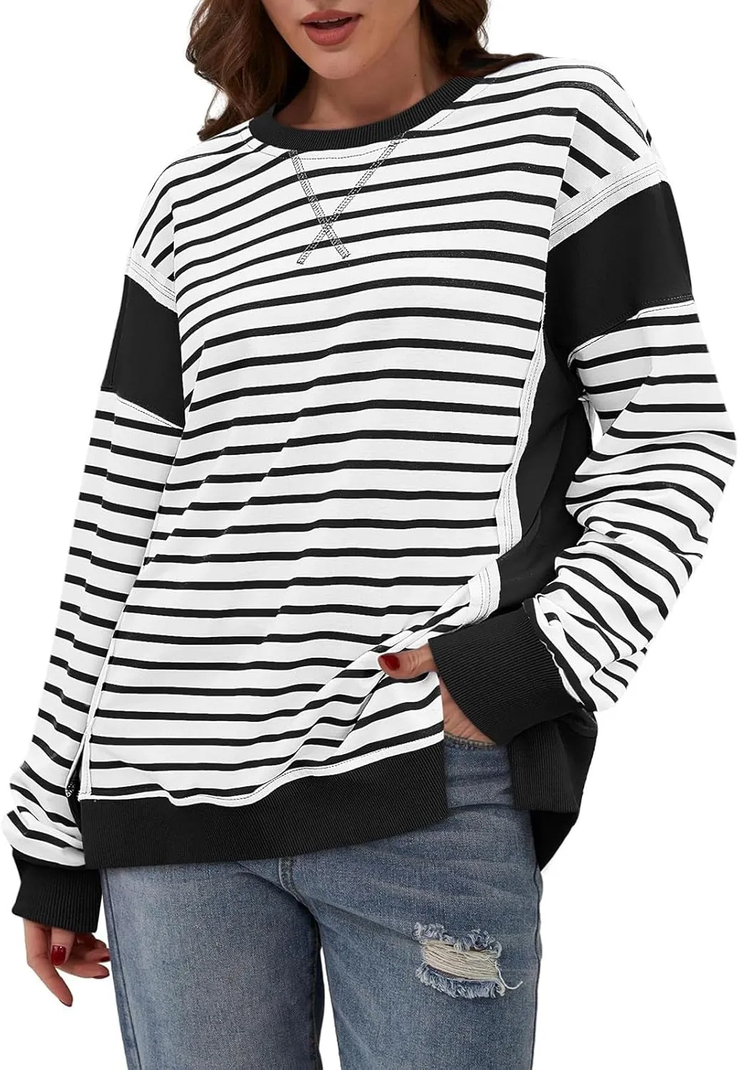 Striped Crew Neck Sweatshirts Women Cute Preppy Teen Girls Sweatshirts Comfy Y2k Fall Outfits Tops