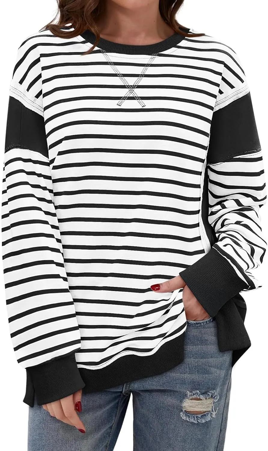 Striped Crew Neck Sweatshirts Women Cute Preppy Teen Girls Sweatshirts Comfy Y2k Fall Outfits Tops