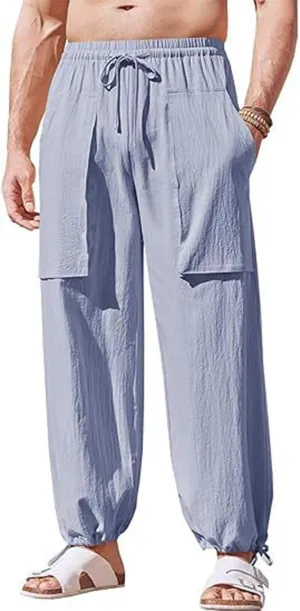 Summer Men's Cargo Multi-Pocket Big & Tall Casual Pants Cotton Hemp Loose Drawstring Leg Pants 2025