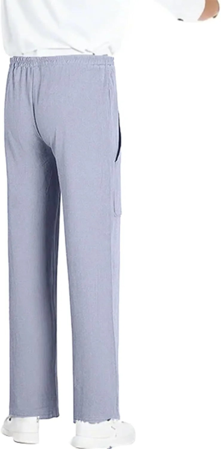 Summer Men's Cargo Multi-Pocket Big & Tall Casual Pants Cotton Hemp Loose Drawstring Leg Pants 2025