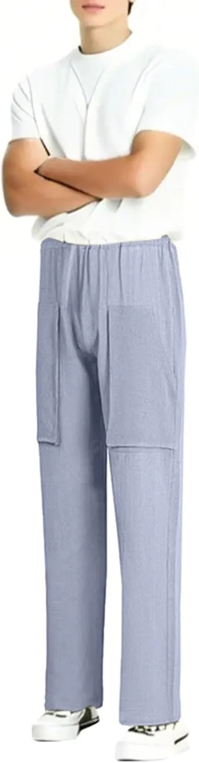 Summer Men's Cargo Multi-Pocket Big & Tall Casual Pants Cotton Hemp Loose Drawstring Leg Pants 2025