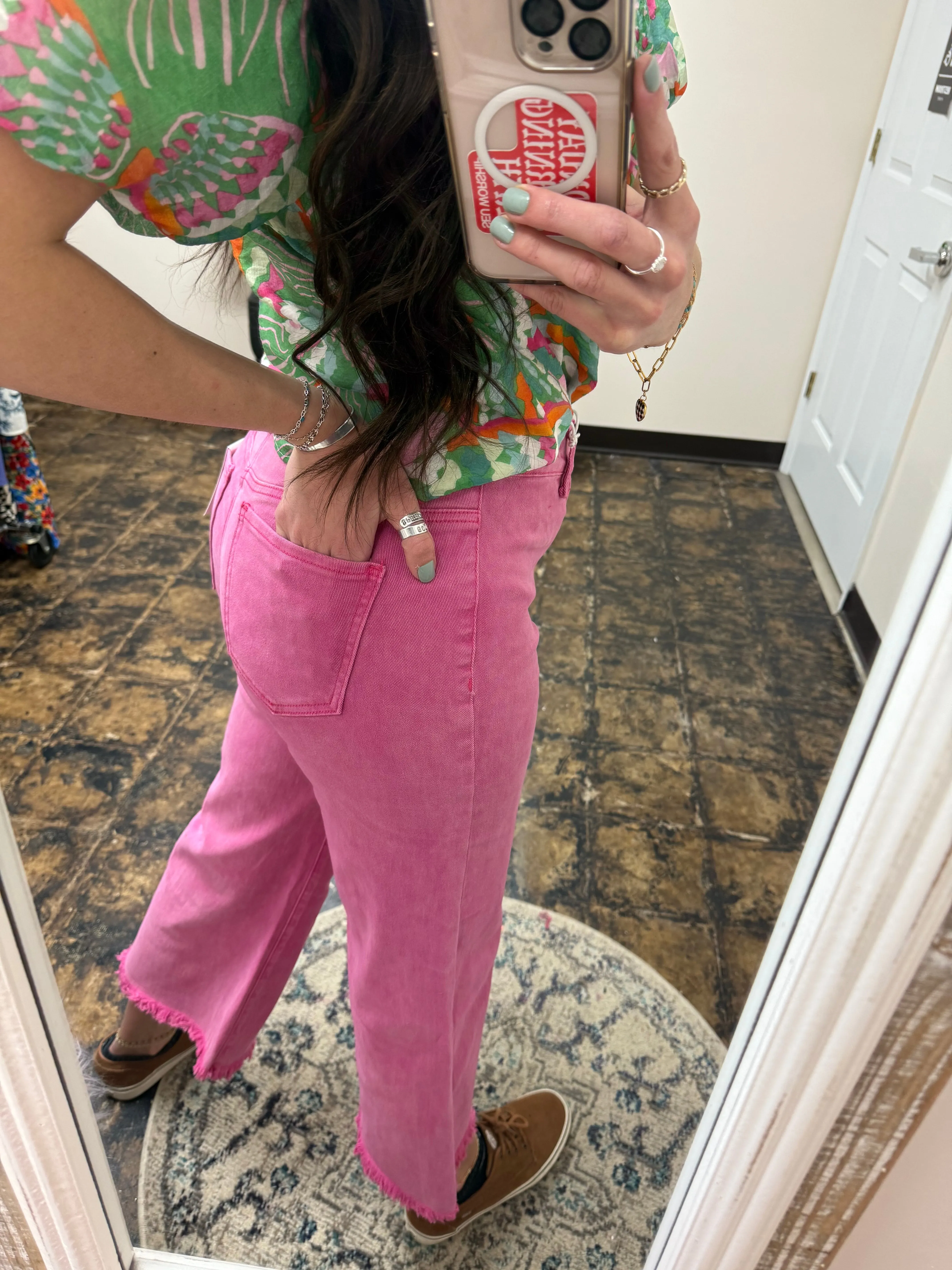 The Kristi Acid Wash Cropped Pants - Hot Pink