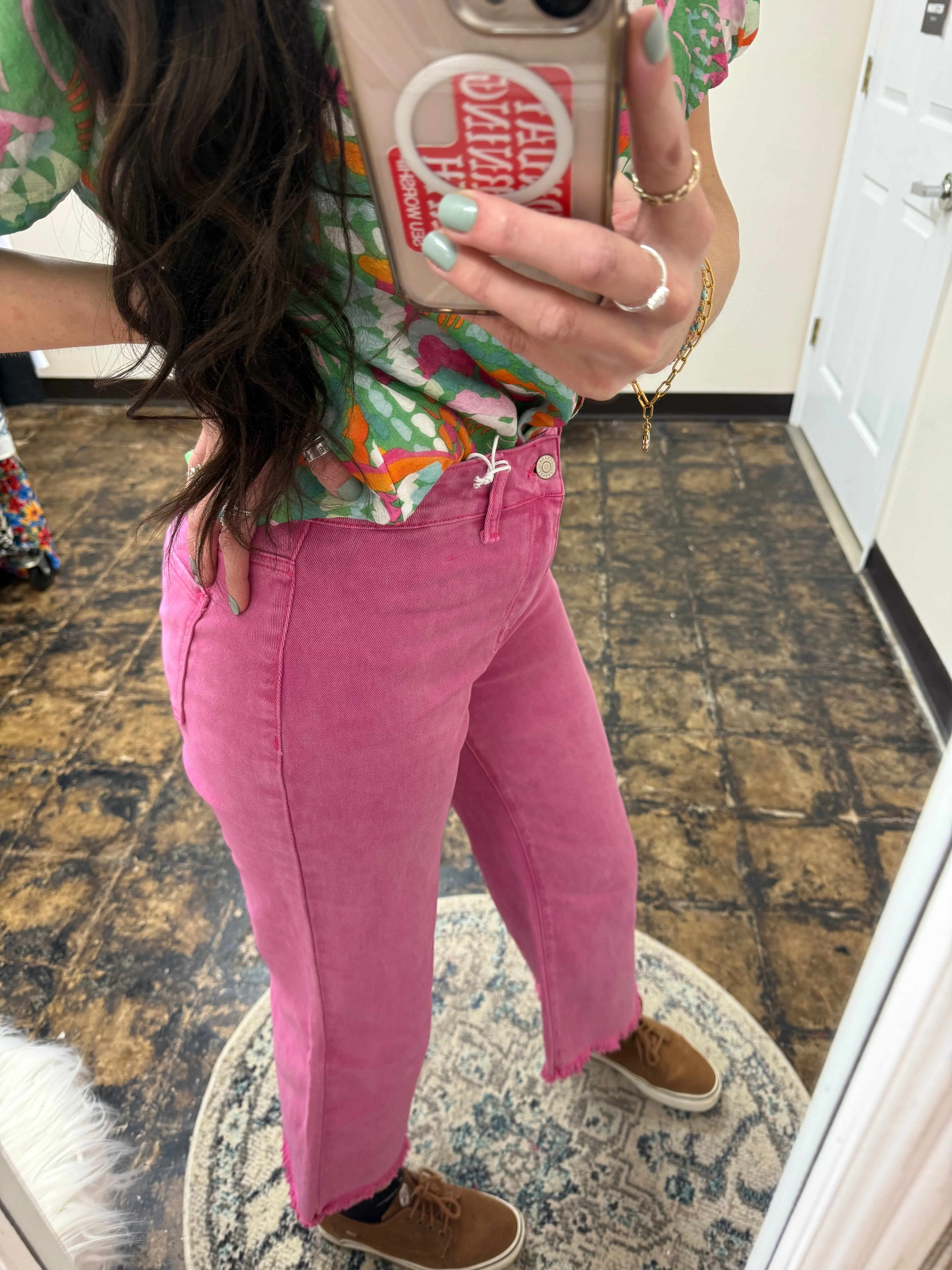 The Kristi Acid Wash Cropped Pants - Hot Pink