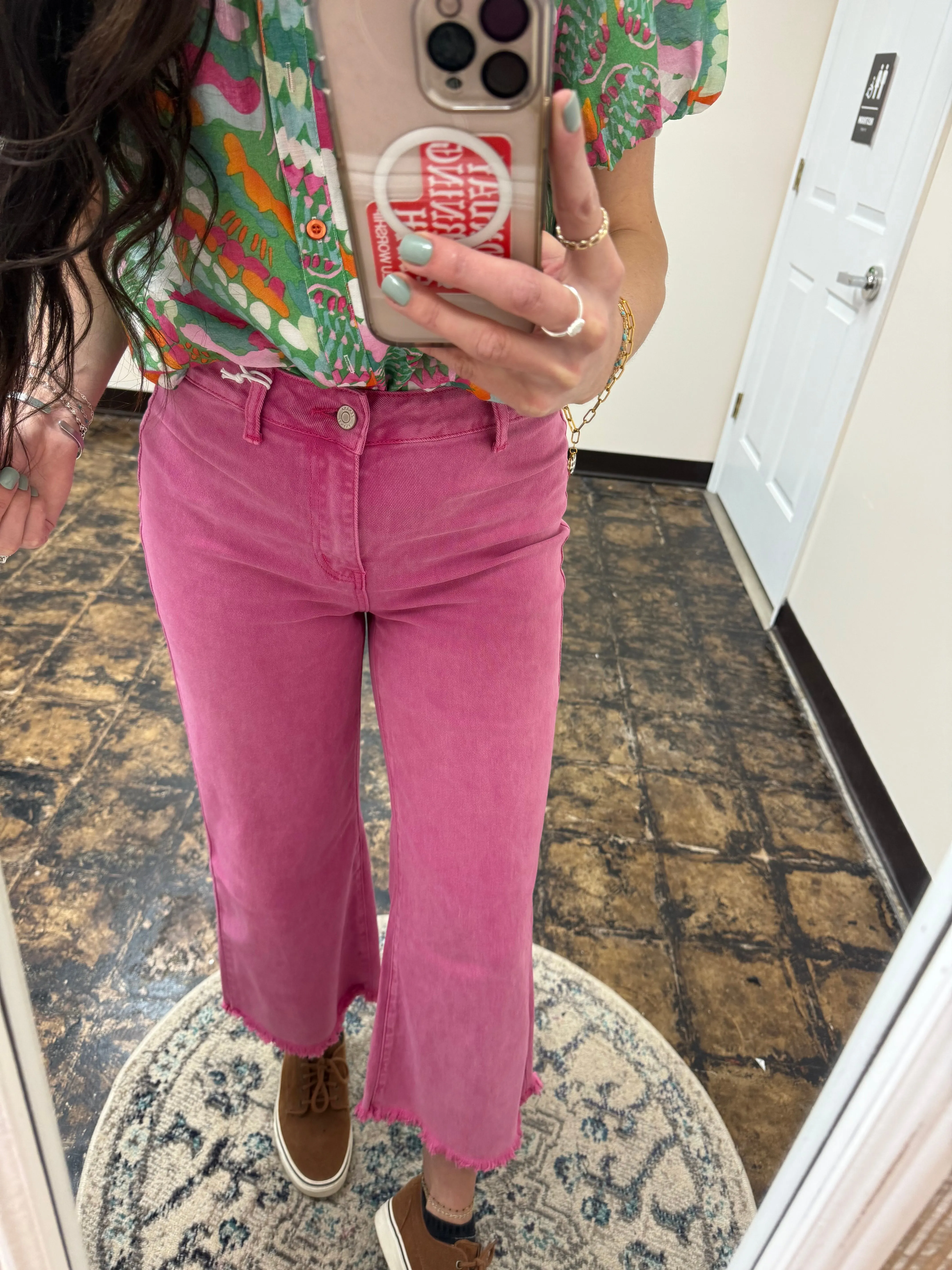 The Kristi Acid Wash Cropped Pants - Hot Pink