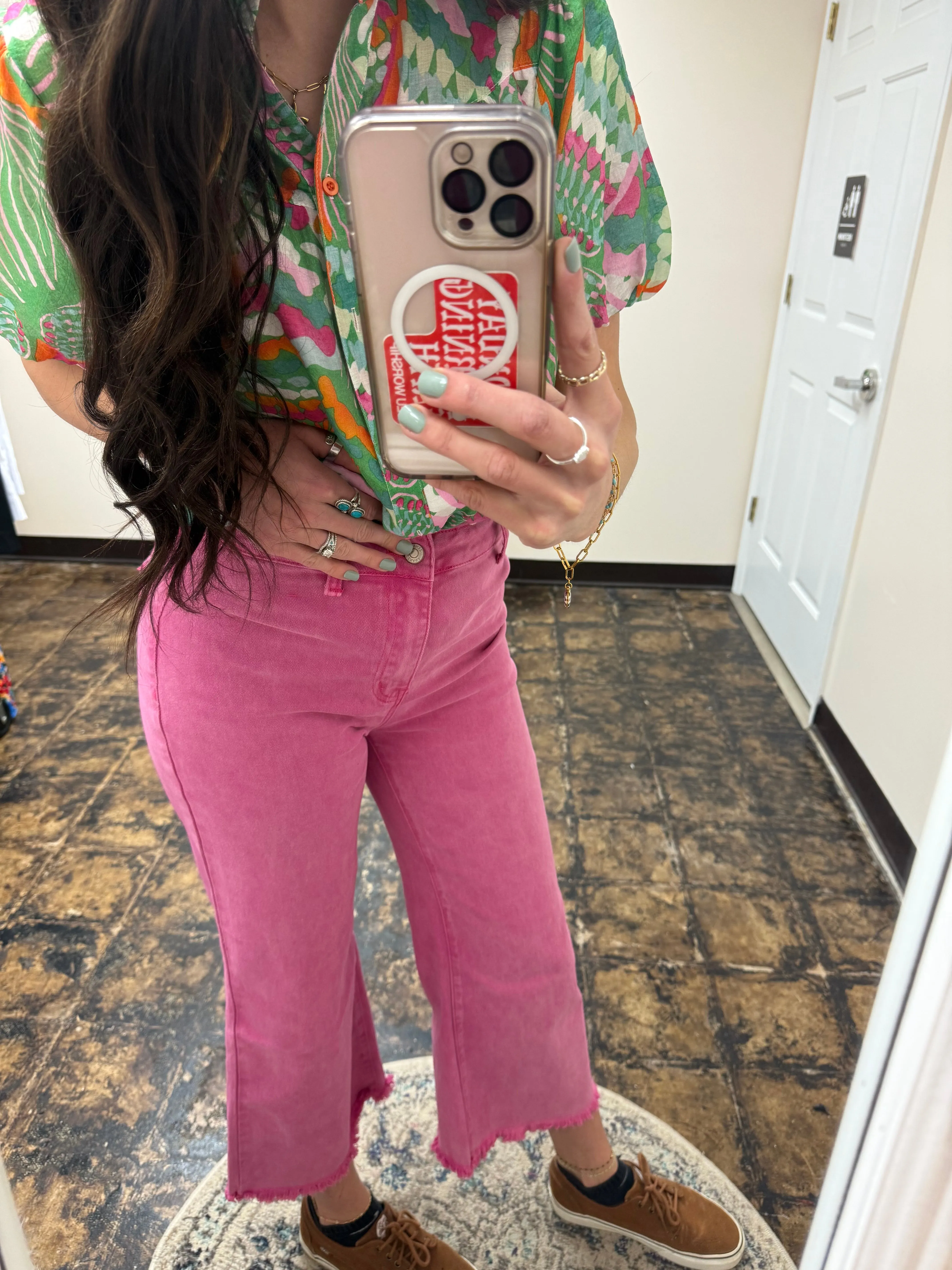 The Kristi Acid Wash Cropped Pants - Hot Pink