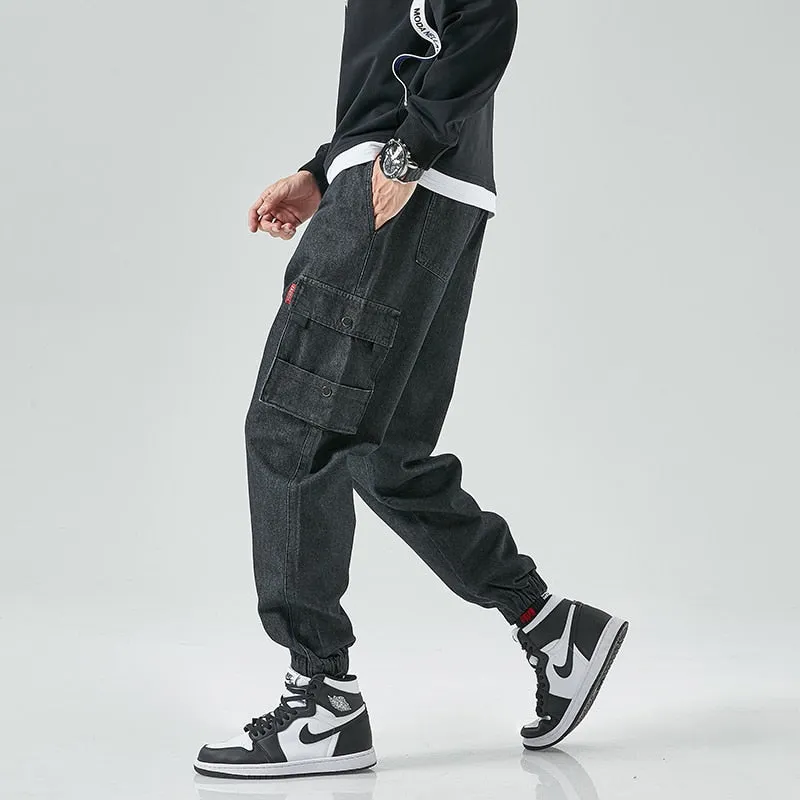 West Louis Street Style Cargo Harem Denim Jogger Trousers