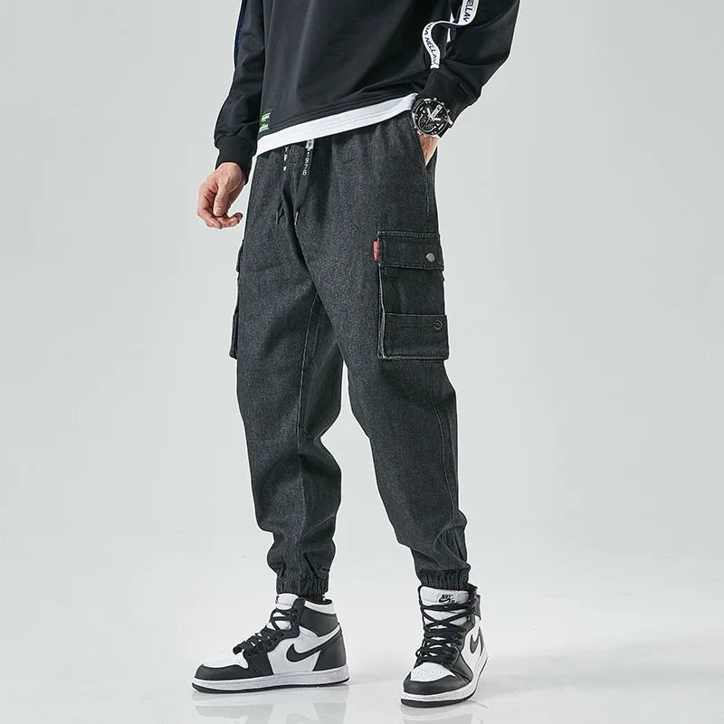 West Louis Street Style Cargo Harem Denim Jogger Trousers