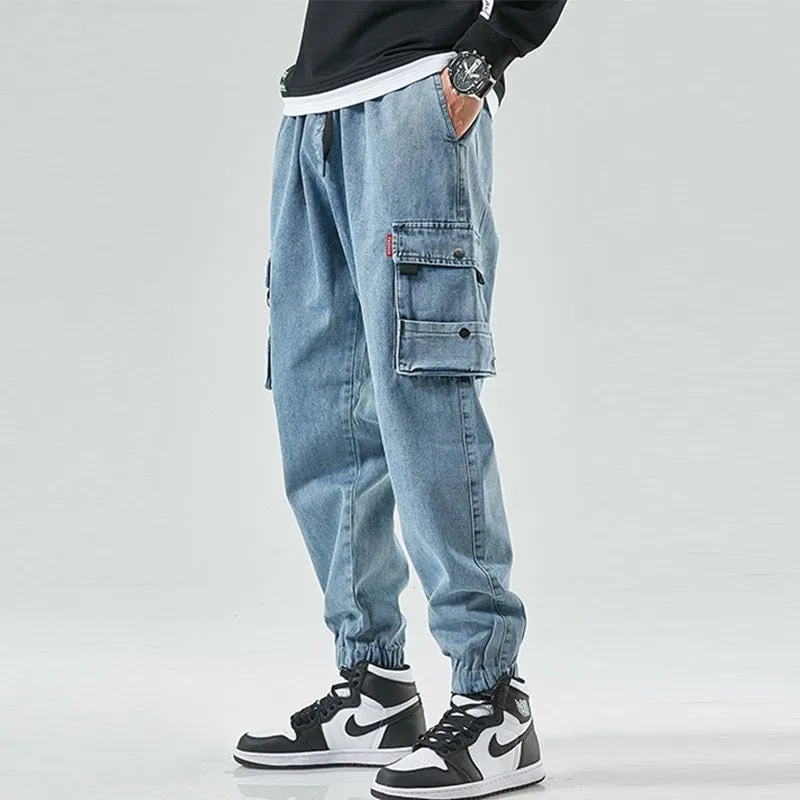 West Louis Street Style Cargo Harem Denim Jogger Trousers