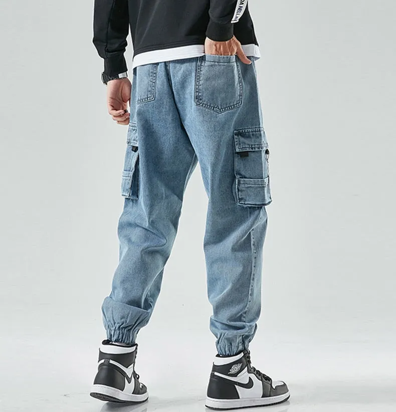 West Louis Street Style Cargo Harem Denim Jogger Trousers