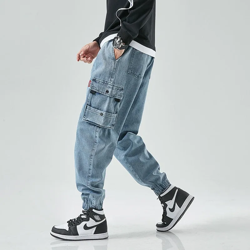 West Louis Street Style Cargo Harem Denim Jogger Trousers
