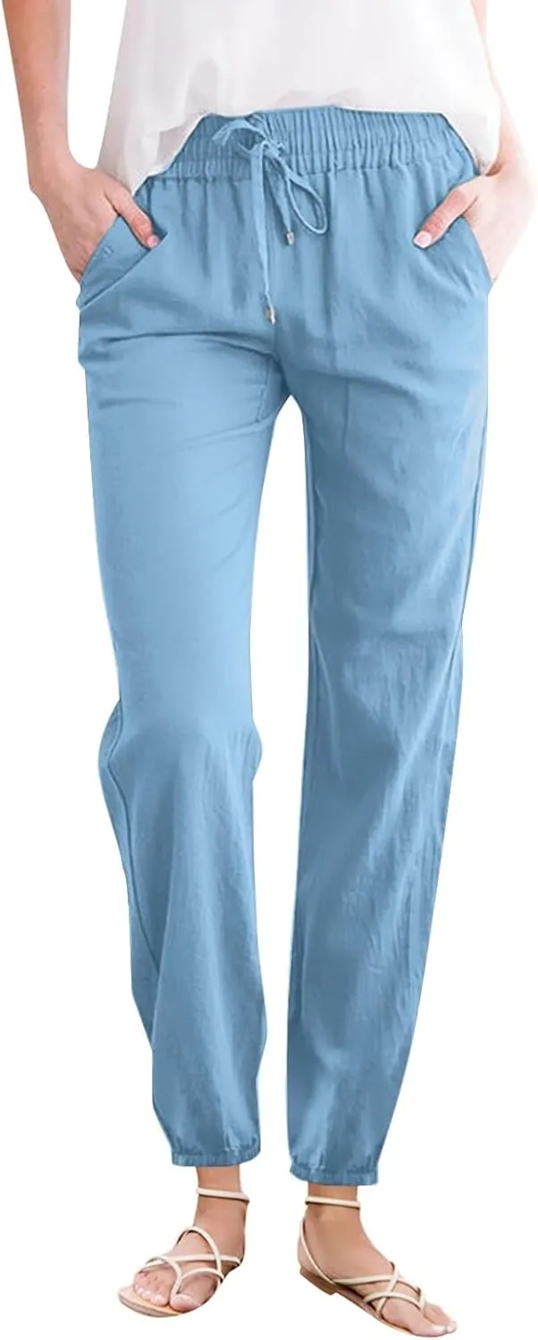 Women Cotton Linen Ankle Length Pants Straight Leg Elastic High Waist Casual Summer Beach Cropped Pant Trousers with Pockets