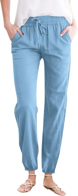 Women Cotton Linen Ankle Length Pants Straight Leg Elastic High Waist Casual Summer Beach Cropped Pant Trousers with Pockets