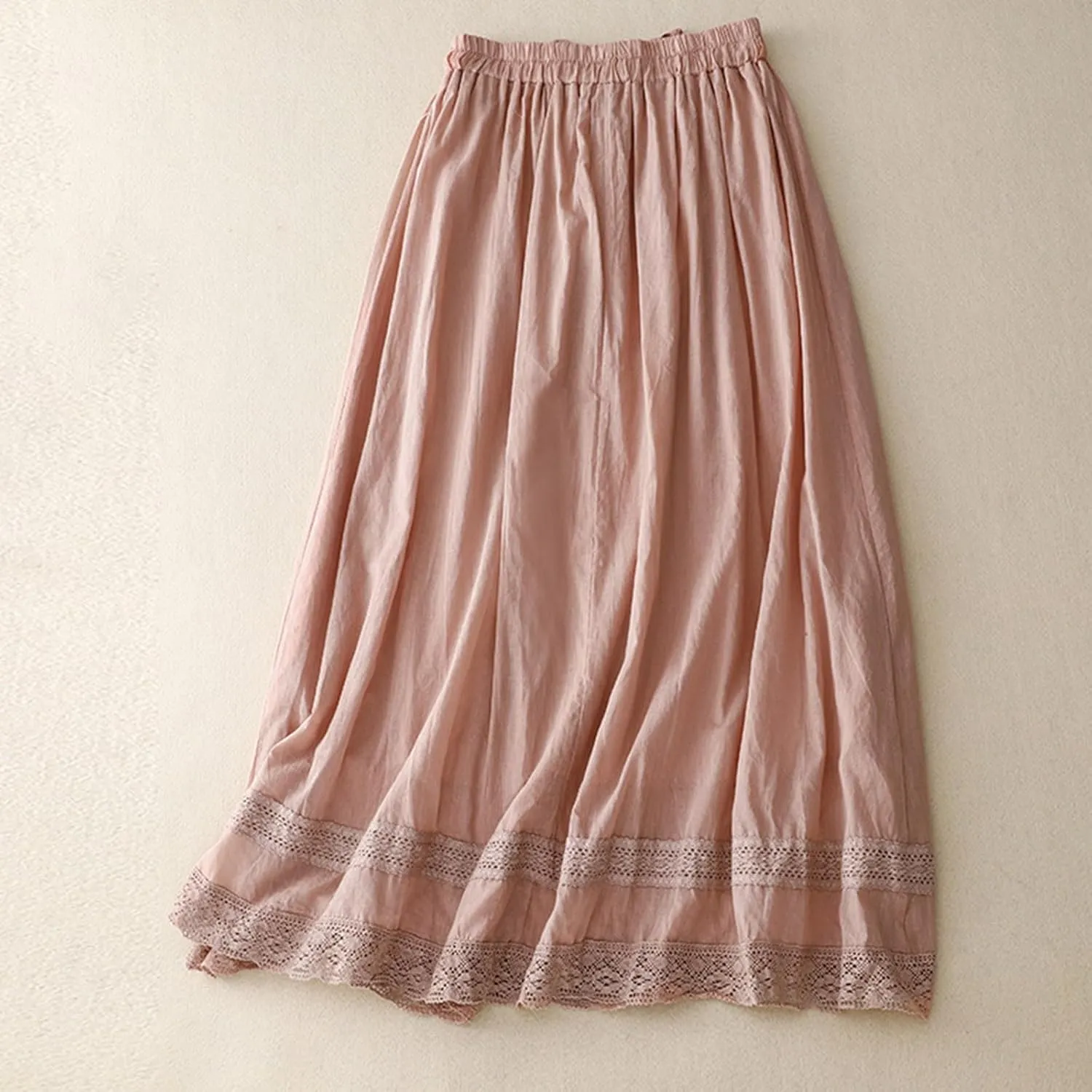 Women Lace Embroidered Hem Midi Skirt Summer Cotton Linen Pleated A-Line Skirts Elastic Tie High Waist Beach Skirt